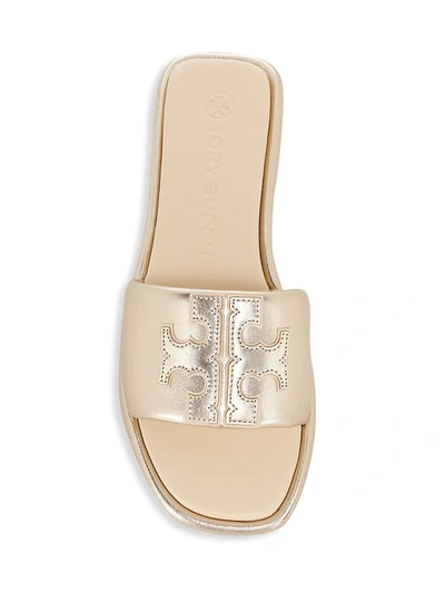 Shop Tory Burch Double T Sport Leather Slide Sandals In Spark Gold