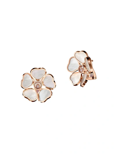 Shop Chopard Women's Happy Diamonds Happy Hearts Flowers 18k Rose Gold, Diamond & Mother-of-pearl Earrings In White