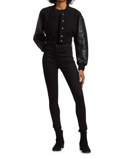 Cropped Embroidered Wool-blend Fleece And Leather Bomber Jacket In Black