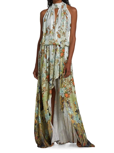 Shop Adriana Iglesias Odette Floral Silk Halter Gown In Flowered Blue Stripes