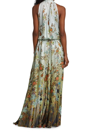 Shop Adriana Iglesias Odette Floral Silk Halter Gown In Flowered Blue Stripes
