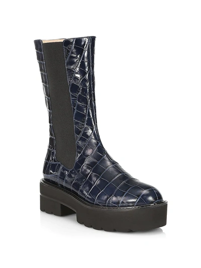 Shop Stuart Weitzman Presley Lug-sole Croc-embossed Leather Chelsea Boots In Indigo