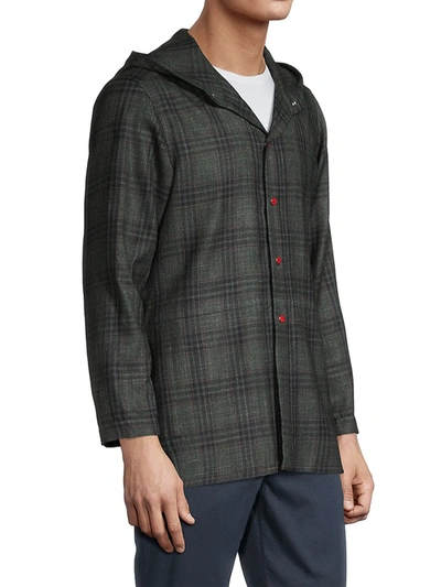 Shop Kiton Plaid Cashmere-blend Hooded Shirt Jacket In Dark Green