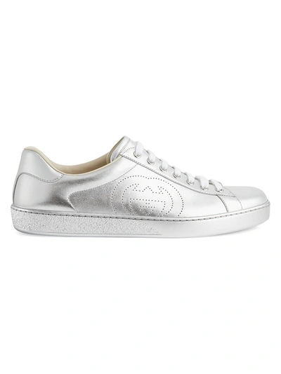 Shop Gucci Men's Ace Metallic Leather Sneaker In Silver