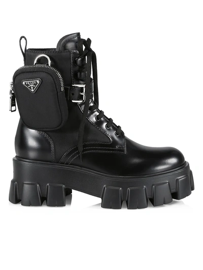 Shop Prada Women's Monolith 55 Leather & Nylon Lug-sole Combat Boots In Nero