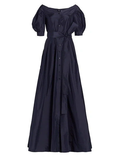 Shop Carolina Herrera Off-the-shoulder Puff-sleeve Button-down Gown In Navy