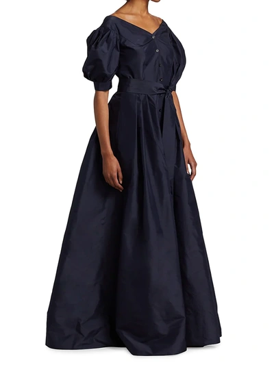 Shop Carolina Herrera Off-the-shoulder Puff-sleeve Button-down Gown In Navy