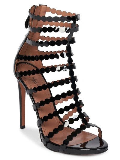 Shop Alaïa Scallop Patent Leather Strappy Ankle Sandals In Noir