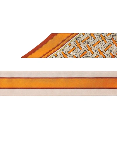 Shop Burberry Monogram And Logo Print Silk Skinny Scarf In Bright Orange