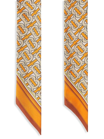 Shop Burberry Monogram And Logo Print Silk Skinny Scarf In Bright Orange