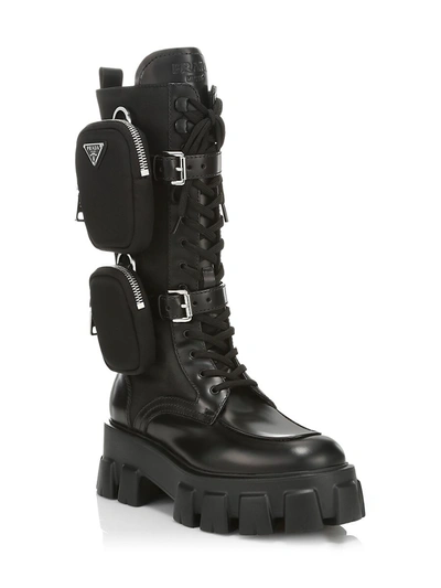 Shop Prada Women's Monolith Leather & Nylon Tall Combat Boots In Nero