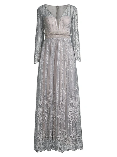 Shop Mac Duggal Women's Beaded Metallic Evening Gown In Platinum
