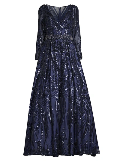 Shop Mac Duggal Women's Illusion Sleeve Sequined Gown In Midnight