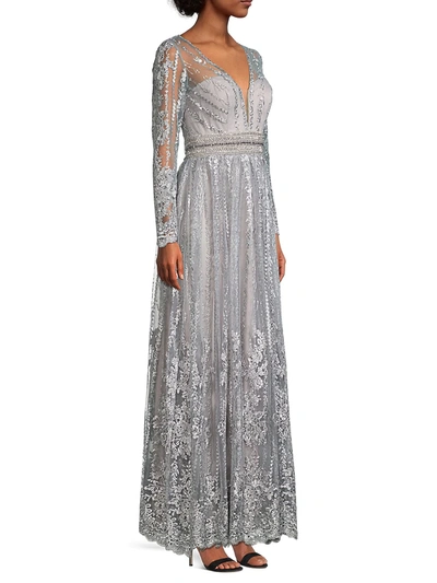 Shop Mac Duggal Women's Beaded Metallic Evening Gown In Platinum