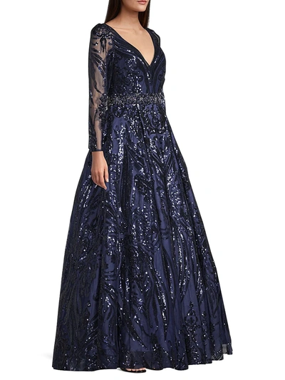 Shop Mac Duggal Women's Illusion Sleeve Sequined Gown In Midnight