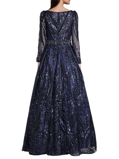 Shop Mac Duggal Women's Illusion Sleeve Sequined Gown In Midnight