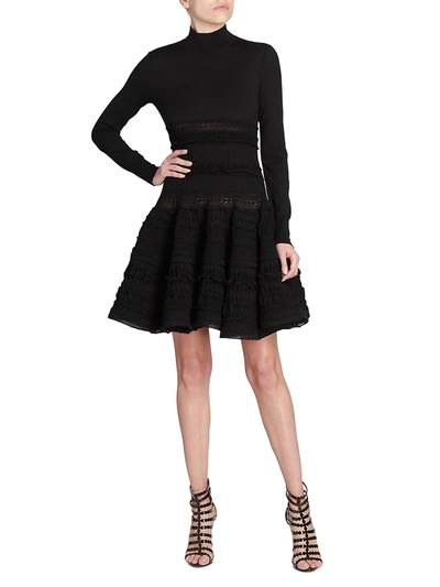 Shop Alaïa Women's Tiered Fit-&-flare Wool Knit Dress In Noir