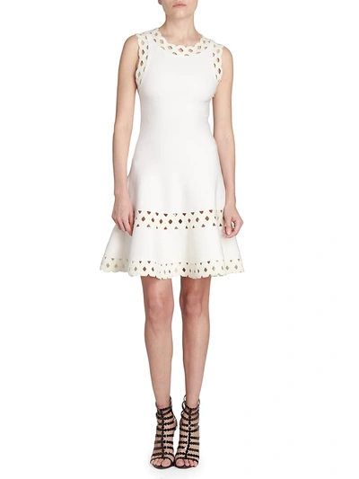 Shop Alaïa Lattice Trim Fit-&-flare Knit Dress In Blanc