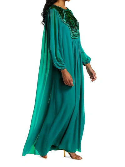 Shop Alberta Ferretti Women's Embellished Bodice Long Sleeve Organic Silk Chiffon Gown In Sea Green