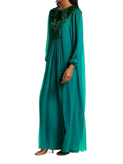 Shop Alberta Ferretti Women's Embellished Bodice Long Sleeve Organic Silk Chiffon Gown In Sea Green