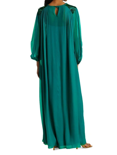 Shop Alberta Ferretti Women's Embellished Bodice Long Sleeve Organic Silk Chiffon Gown In Sea Green