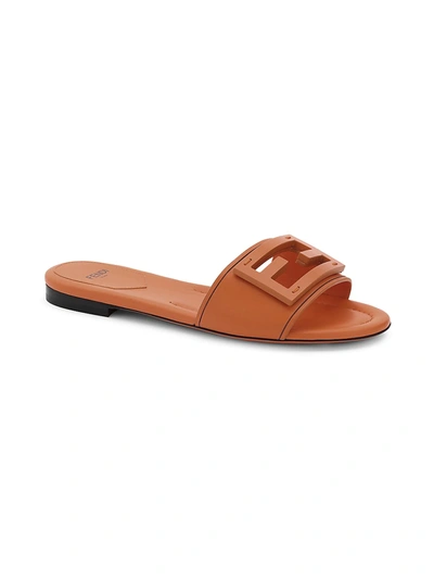 Shop Fendi Women's Logo Leather Slide Sandals In Cuoio
