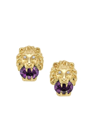 Shop Gucci Women's Lionhead 18k Yellow Gold, Amethyst & Diamond Xs Stud Earrings