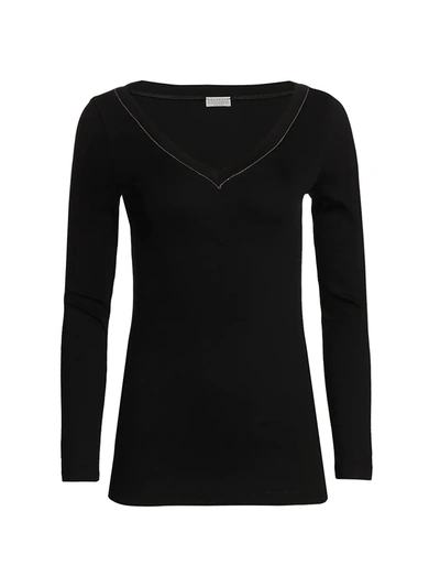 Shop Brunello Cucinelli Women's Ribbed Jersey V-neck Top In Black