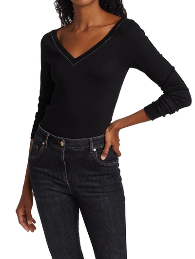 Shop Brunello Cucinelli Women's Ribbed Jersey V-neck Top In Black