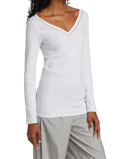 Shop Brunello Cucinelli Women's Ribbed Jersey V-neck Top In Marble