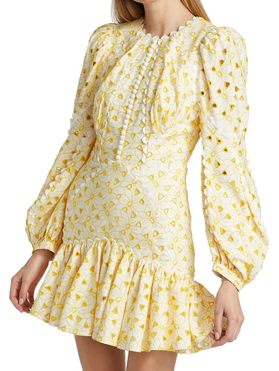 Shop Acler Walker Embroidered Cotton Mini Dress In Ivory Lemon Mix
