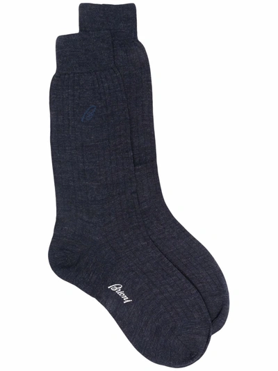 Shop Brioni Embroidered-logo Mid-calf Socks In Blue