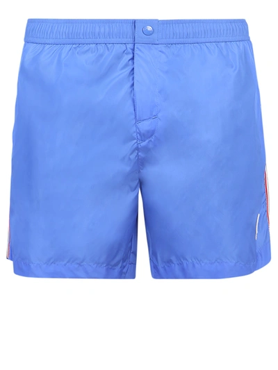 Shop Moncler Striped Logo Swim Shorts In Blue
