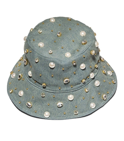 Shop Lele Sadoughi Denim Jeweled Bucket Hat In Blue