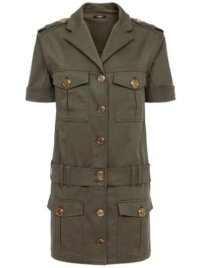 Shop Balmain Short Shirt Dress In Olive Green Cotton Denim With Embossed Buttons