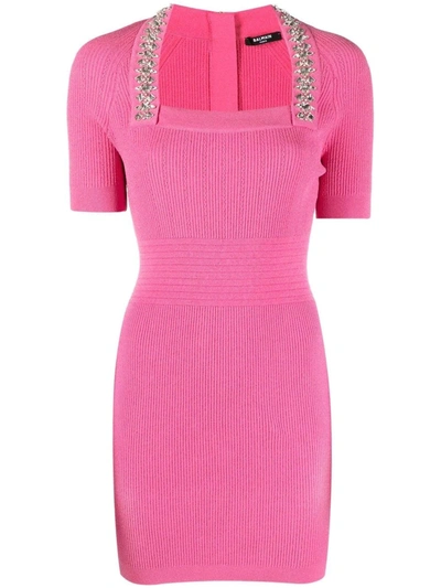 Shop Balmain Short Pink Knit Dress With Silver Embroidery