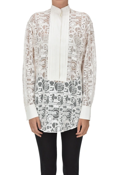 Shop Chloé Lace Shirt With Designer Logo In Ivory