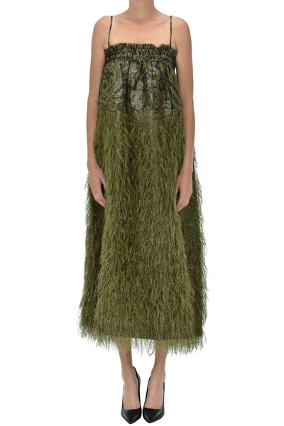 Shop Ganni Fringed Jacquard Fabric Dress In Olive Green