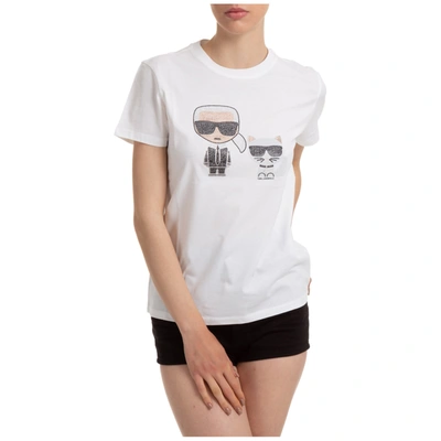 Shop Karl Lagerfeld Women's T-shirt Short Sleeve Crew Neck Round Ikonik In White