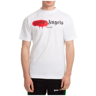 Shop Palm Angels Men's Short Sleeve T-shirt Crew Neckline Jumper Tokyo Sprayed In White