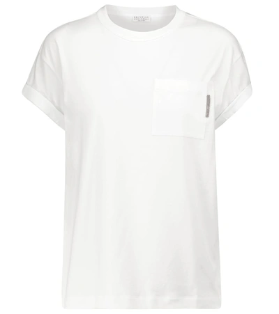 Shop Brunello Cucinelli Embellished Stretch-cotton T-shirt In White