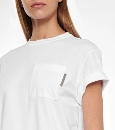 Shop Brunello Cucinelli Embellished Stretch-cotton T-shirt In White