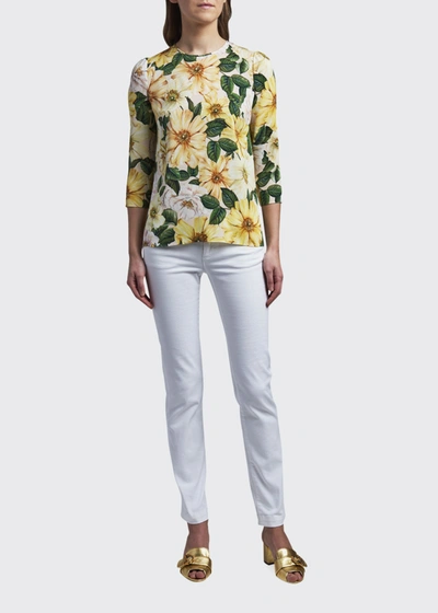 Shop Dolce & Gabbana Floral-print Stretch-silk Top In Yellow