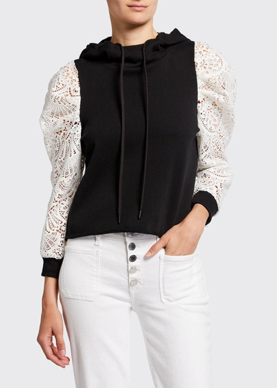 Shop Alice And Olivia Muffy Puff-sleeve Hoodie With Lace In Black/white