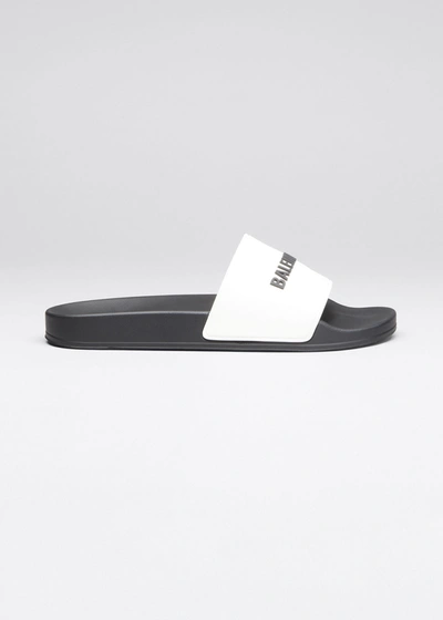 Shop Balenciaga Birublo Bicolor Logo Pool Sandals In Blanc/noir