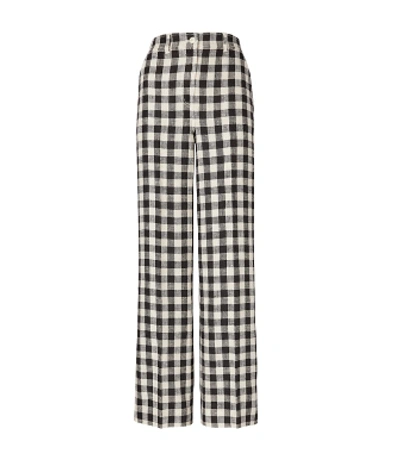 Shop Tory Burch Linen Gingham Pant In Tory Navy / Natural Ivory