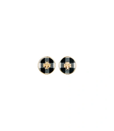 Shop Tory Burch Kira Printed Circle-stud Earring In Tory Gold / Black Gingham