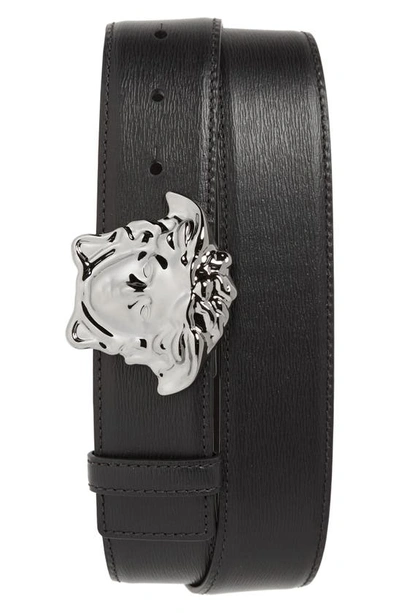 Shop Versace Medusa Buckle Textured Leather Belt In Black/ Silver