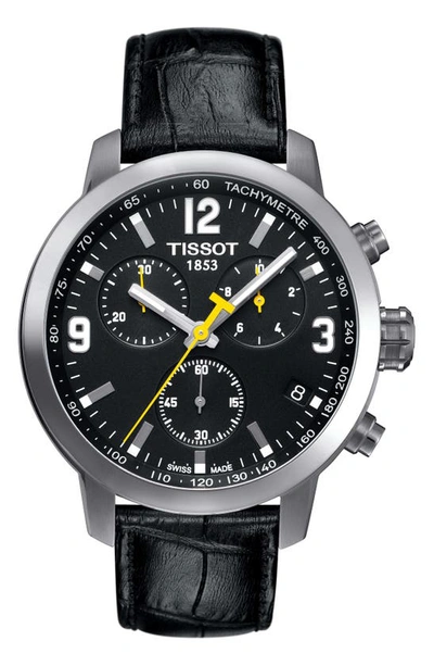 Shop Tissot Prc200 Chronograph Leather Strap Watch, 42mm In Black/ Silver