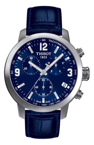 Shop Tissot Prc200 Chronograph Leather Strap Watch, 41mm In Blue/ Silver